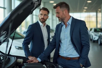 Homme d'âge moyen inspectant le moteur d'une voiture neuve