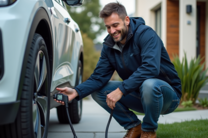 Homme vérifiant la pression des pneus d'une voiture électrique