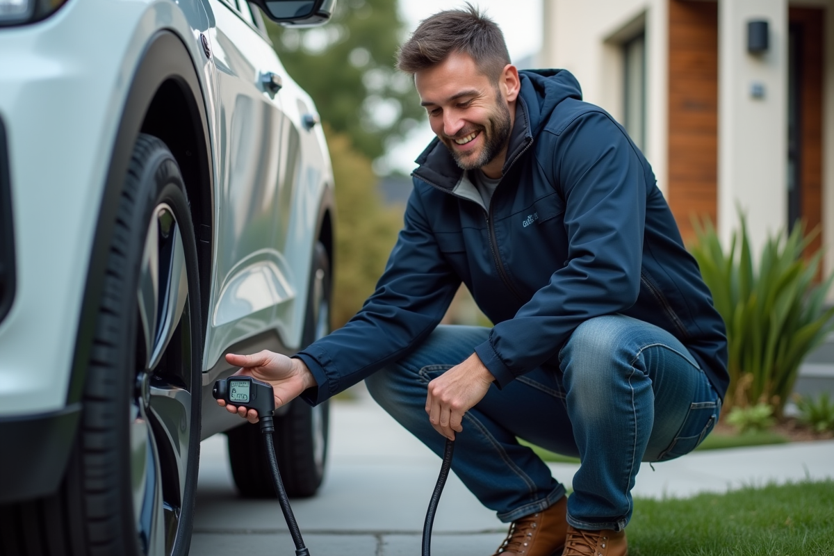 Homme vérifiant la pression des pneus d'une voiture électrique