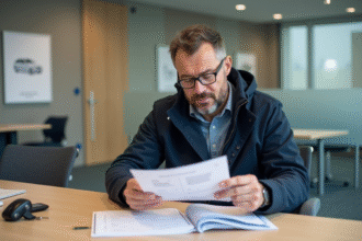 Homme vérifiant un document d'immatriculation en bureau