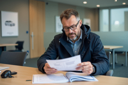 Homme vérifiant un document d'immatriculation en bureau