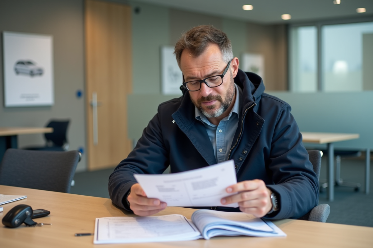 Homme vérifiant un document d'immatriculation en bureau
