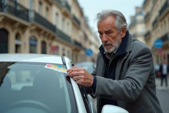 Homme examinant sa vignette Crit'Air collée sur le pare-brise d'une voiture garée dans une rue parisienne