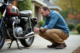 Homme vérifiant la pression du pneu d'une moto Suzuki 750 GT