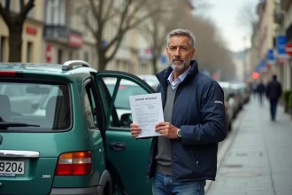 Homme d'âge moyen avec documents d'assurance à côté d'une voiture verte