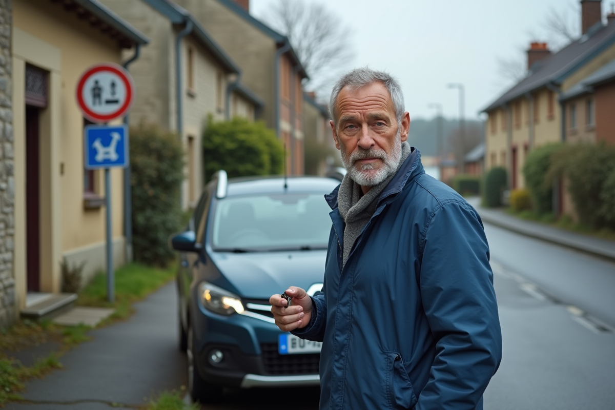 Homme pensif à côté de sa voiture diesel dans un quartier français