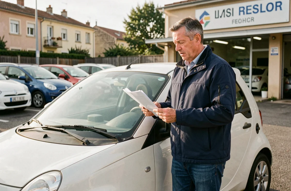 Homme examinant une voiture sans permis d'occasion dans un concessionnaire de la région lyonnaise