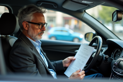 Homme d'âge moyen dans une voiture urbaine examine des documents d'assurance