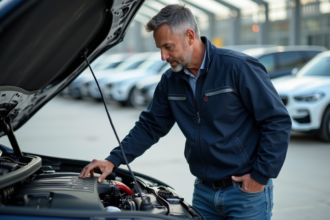 Ingénieur automobile homme à côté d'un moteur moderne en extérieur