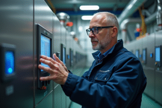Ingénieur homme inspectant une pile à hydrogène moderne