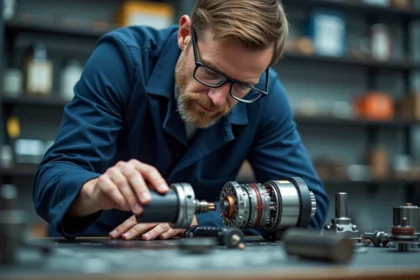 Ingénieur homme examinant un moteur magnetique en laboratoire