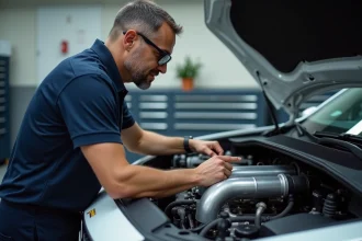 Ingénieur automobile inspectant un moteur avec une plaque de données techniques affichant la puissance en kW et CV