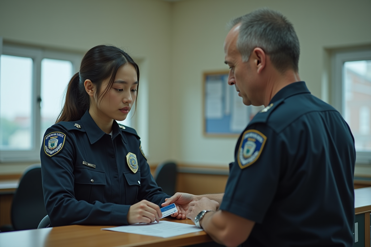 Officier de police inspectant un permis à la station