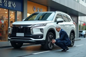 Homme inspectant un SUV de marque asiatique dans une concession automobile moderne en milieu urbain