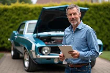 Homme inspectant le capot d'une Ford Camaro SS classique