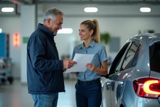 Homme et femme inspecteurs discutent devant une voiture