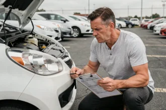 Acheteur inspectant une voiture d'occasion compacte blanche dans un parking de concessionnaire, vérifiant les défauts cachés avant achat