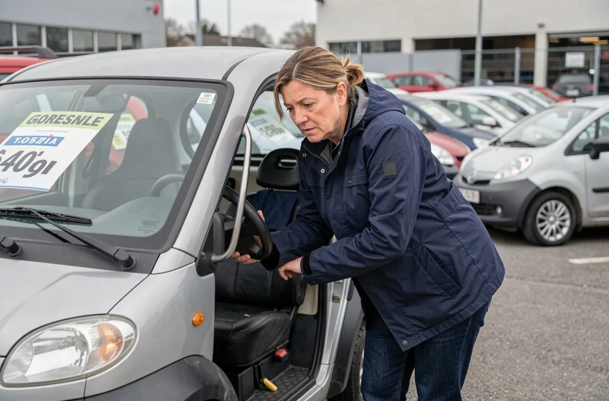Femme inspectant une voiture sans permis d'occasion dans un lot de vente de véhicules en Moselle