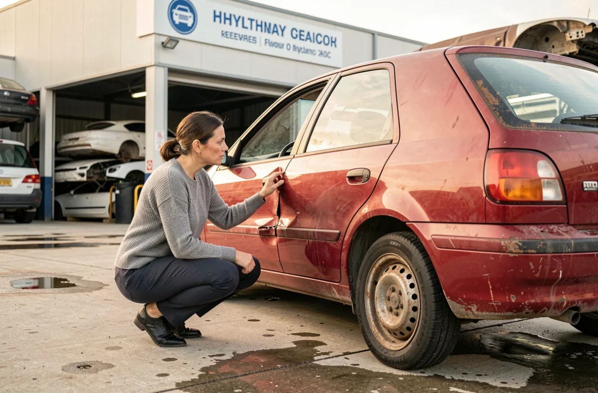 Une femme évalue l'état d'une vieille voiture avant de la vendre à un centre de recyclage automobile