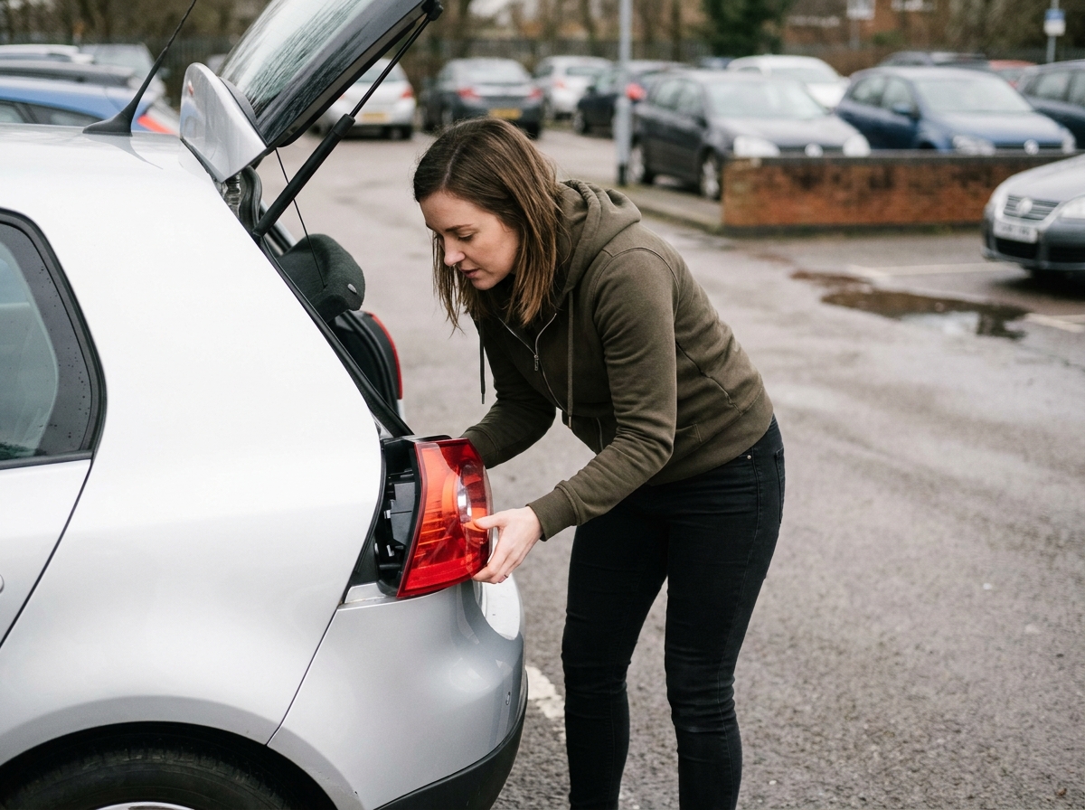 Femme installant un nouveau feu arrière sur une Volkswagen Golf 5 argent dans un parking extérieur