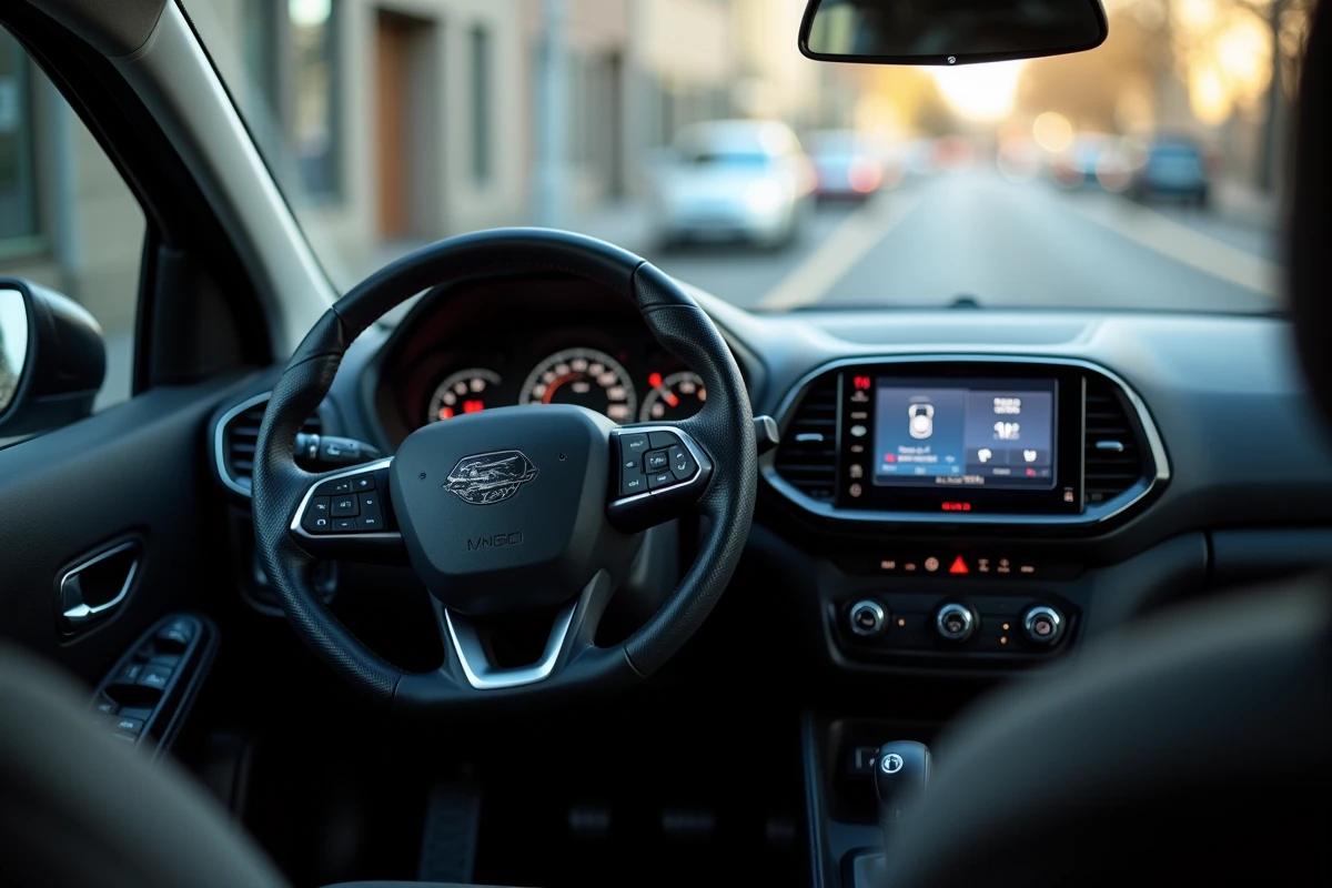 Intérieur de la Renault Clio 5 grise avec tableau de bord et volant en gros plan, rue floue en arrière-plan