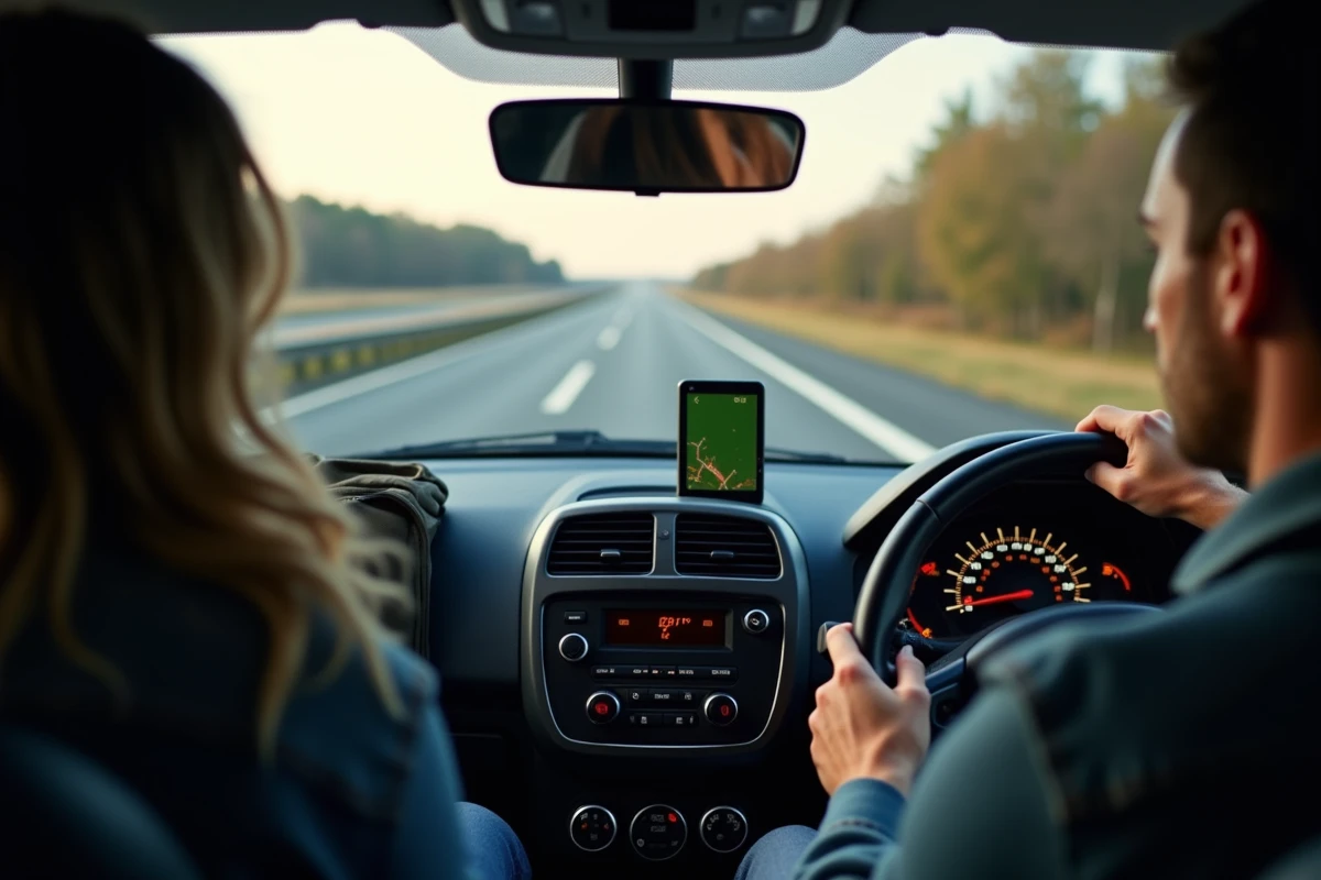 Intérieur d'une Renault Clio en trajet autoroutier avec bagages, illustrant la charge et la stabilité du véhicule