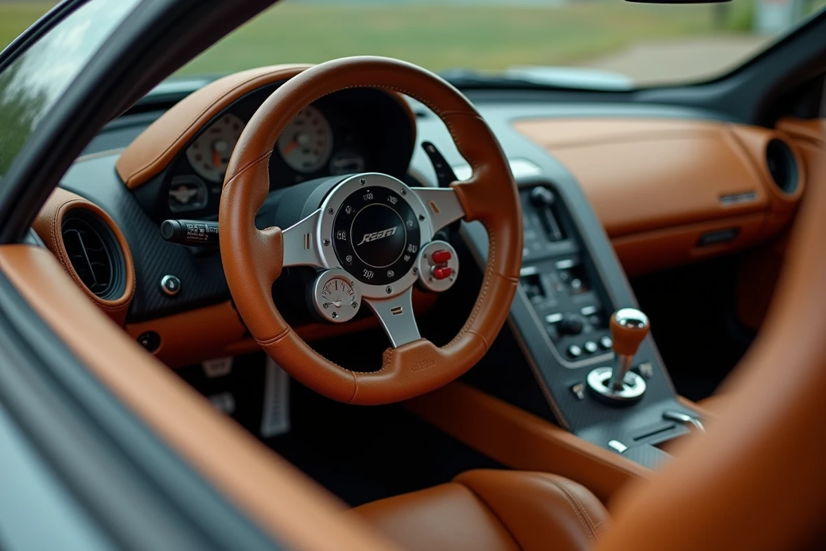 Intérieur en cuir tan de la McLaren F1 avec position de conduite centrale et tableau de bord en fibre de carbone, vue détaillée du cockpit