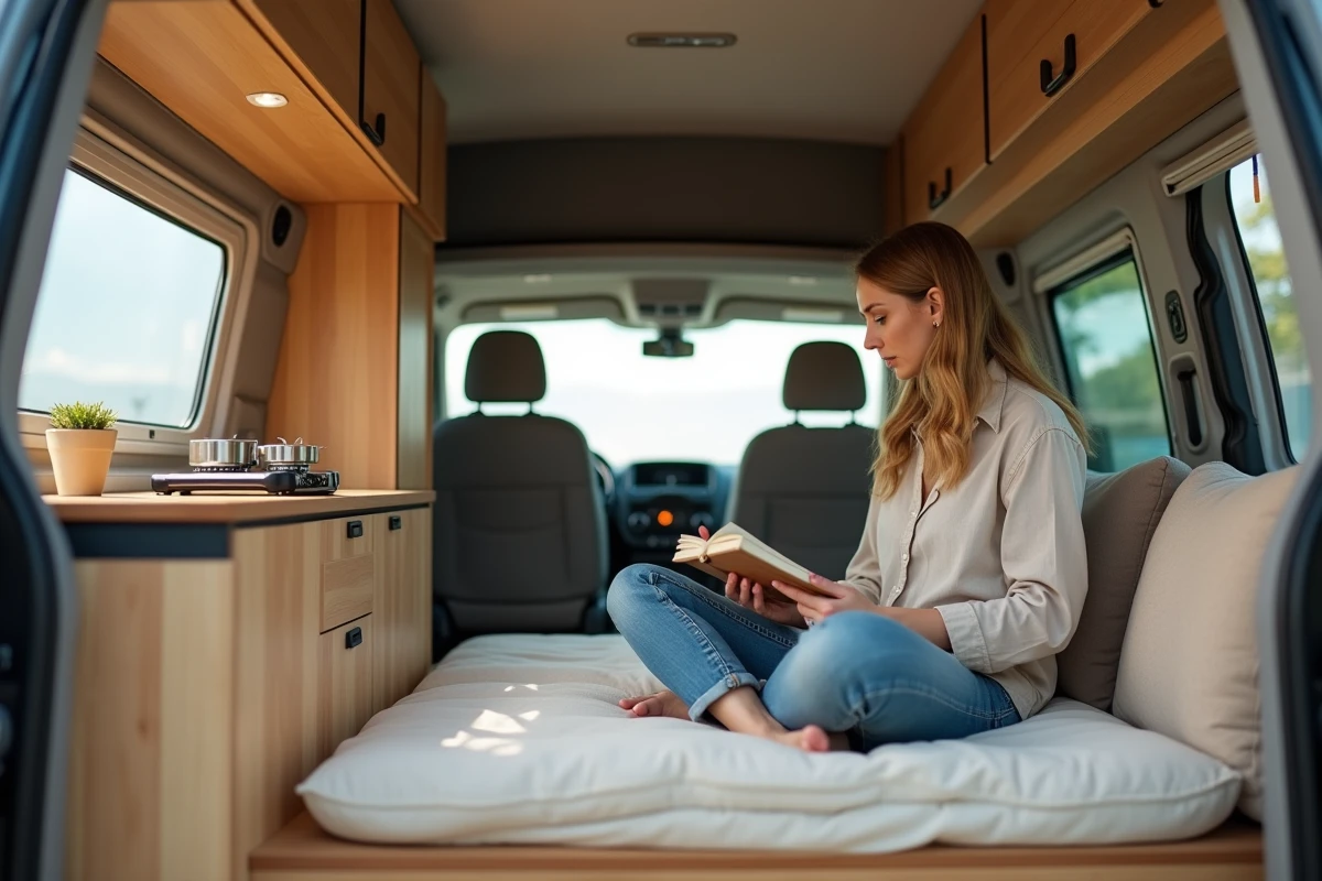 Intérieur aménagé d'un van Dacia avec couchage et espace de vie compact pour le camping