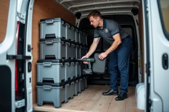 Intérieur aménagé d'un Renault Master avec rangements outils sécurisés et rails d'arrimage au sol
