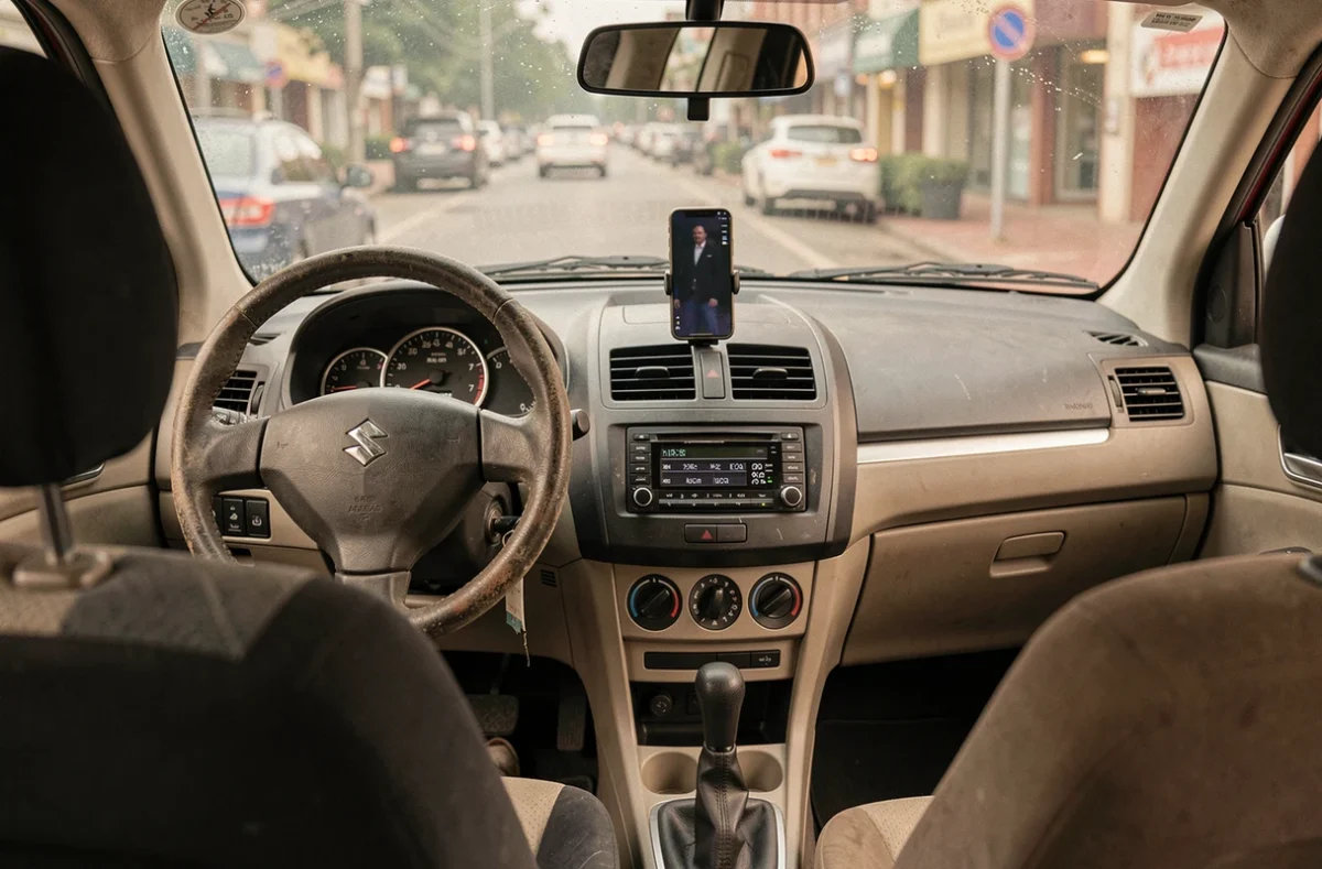 Intérieur de la Suzuki Swift 1.3 DDiS avec tableau de bord usé, habitacle réaliste d'une voiture d'occasion fiable