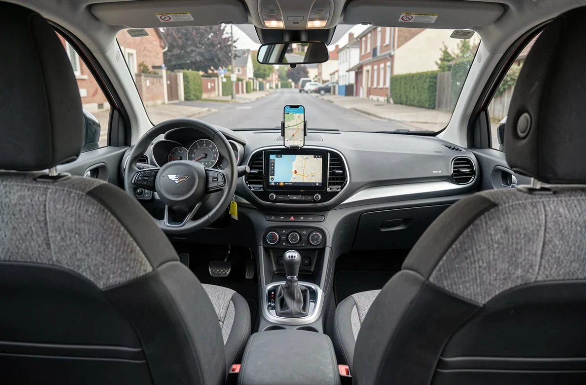 Intérieur d'une voiture compacte française vue depuis la banquette arrière, tableau de bord moderne avec écran multimédia et sellerie tissu
