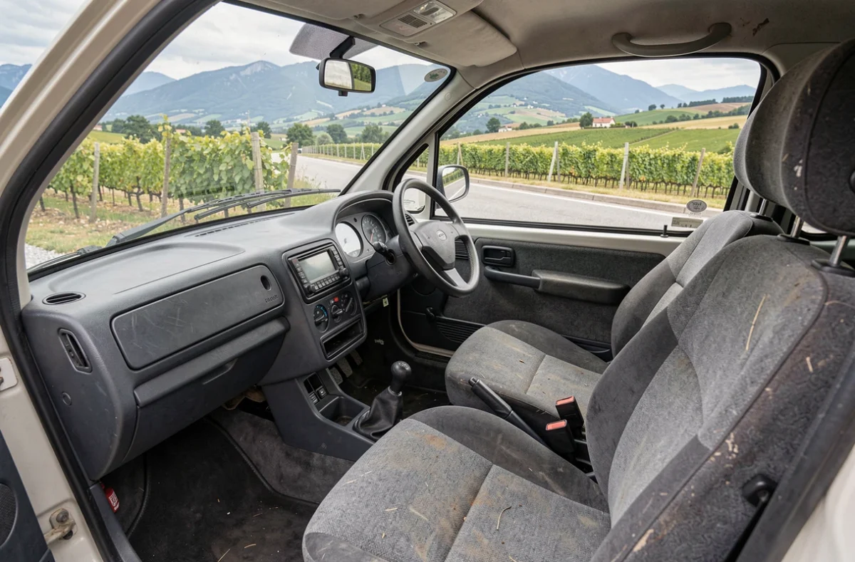 Intérieur d'une voiture sans permis d'occasion avec vue sur la campagne en Rhône-Alpes
