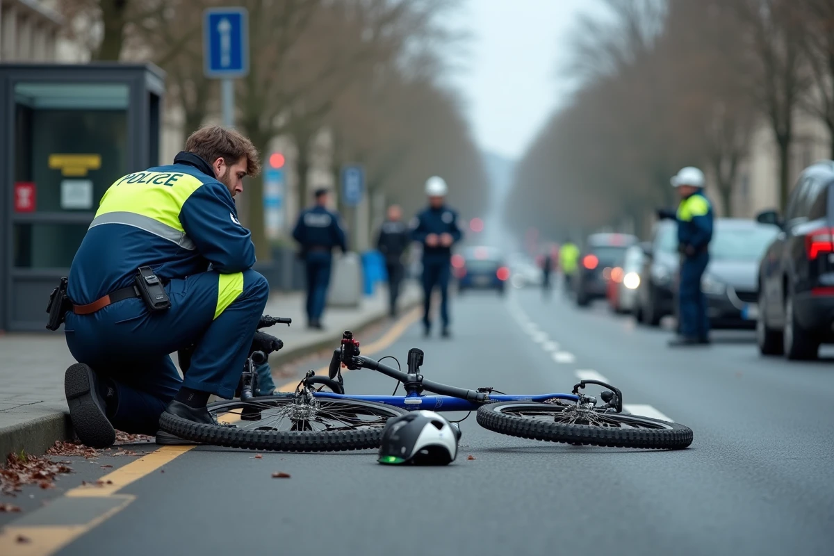 Équipe de secouristes intervenant auprès d'un cycliste accidenté sur une rue urbaine à Chambéry, vélo au sol et casque renversé visibles