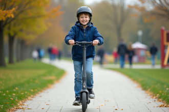 Jeune garçon souriant en scooter électrique dans un parc