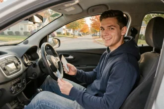 Jeune conducteur tenant son permis de conduire assis dans une voiture compacte garée dans une rue résidentielle