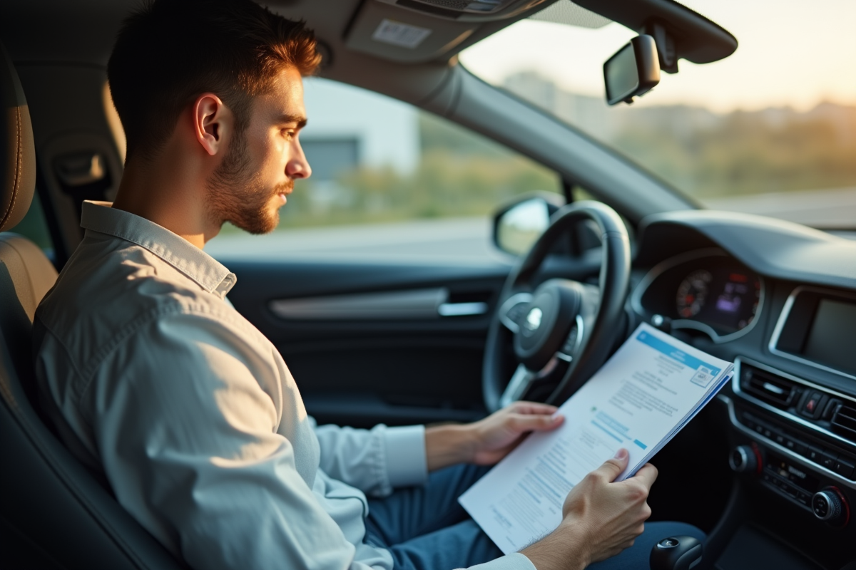 Jeune conducteur avec permis et lettre officielle dans la voiture