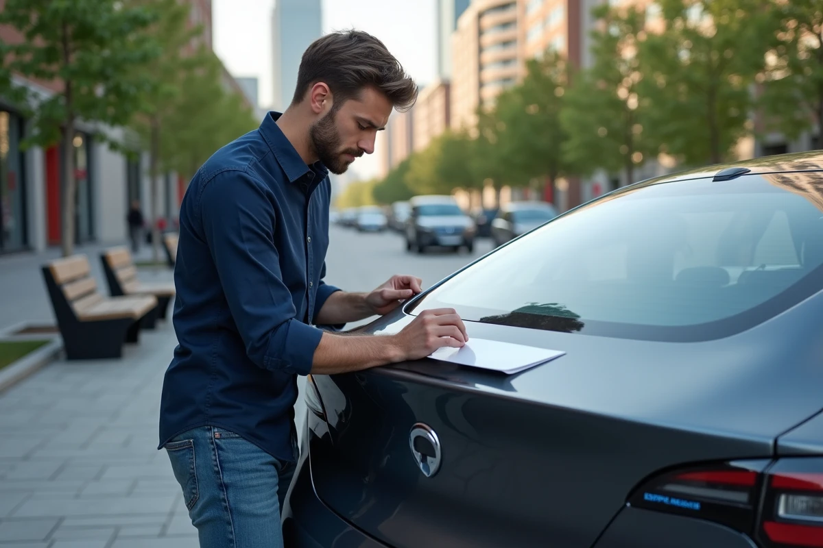Jeune designer appliquant un decal sur une voiture électrique en ville