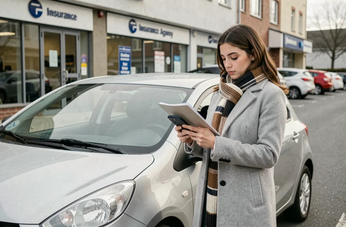Jeune femme comparant des offres d'assurance auto sur son téléphone devant une agence d'assurance