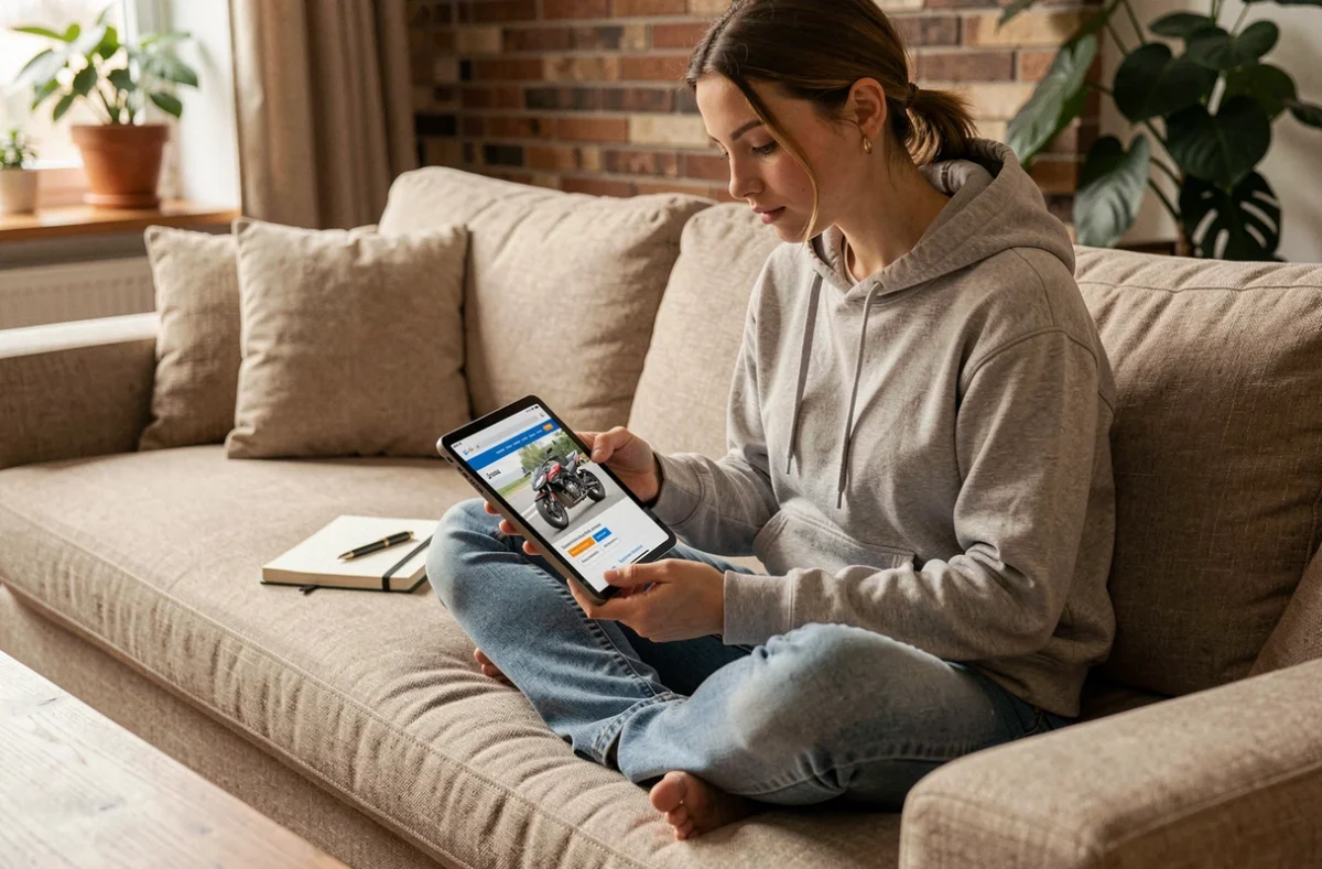 Jeune femme comparant des offres d'assurance moto sur tablette confortablement installée dans son salon