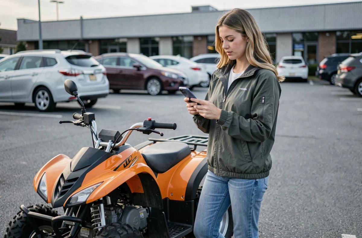 Jeune femme consultant des offres d'assurance quad 50 cm3 sur son smartphone dans un parking