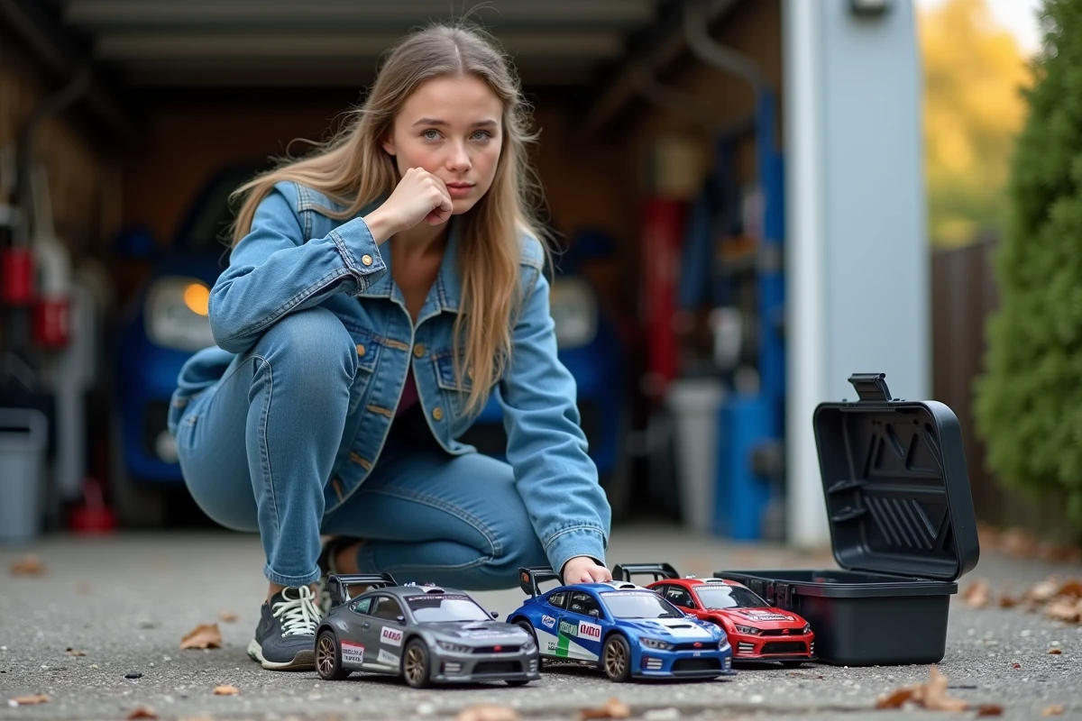 Jeune femme vérifiant des miniatures Subaru rally sur une allée