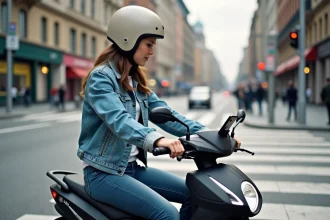 Jeune femme en denim sur moto électrique en ville