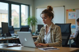 Jeune femme examine un permis de conduire PDF sur son ordinateur