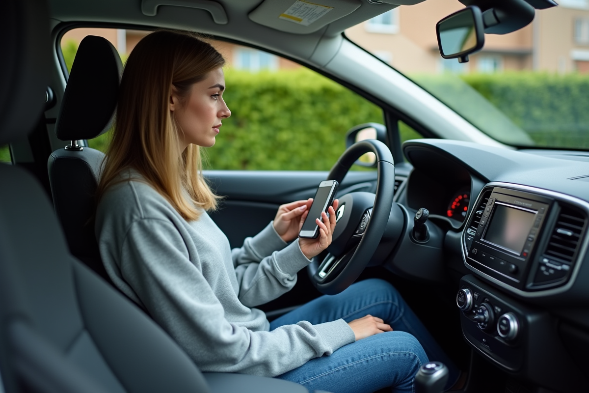Jeune femme regardant le tableau de bord d
