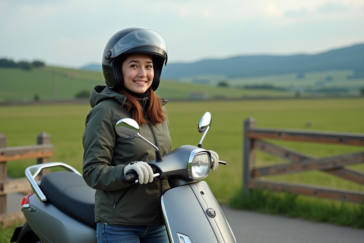 Jeune femme souriante avec scooter 50cc en campagne