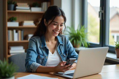 Jeune femme souriante utilisant un smartphone avec un code digital