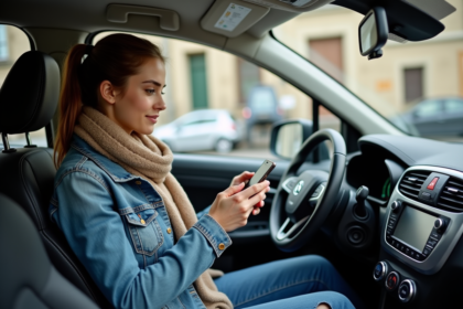 Jeune femme dans sa voiture vérifiant un calculateur d'assurance