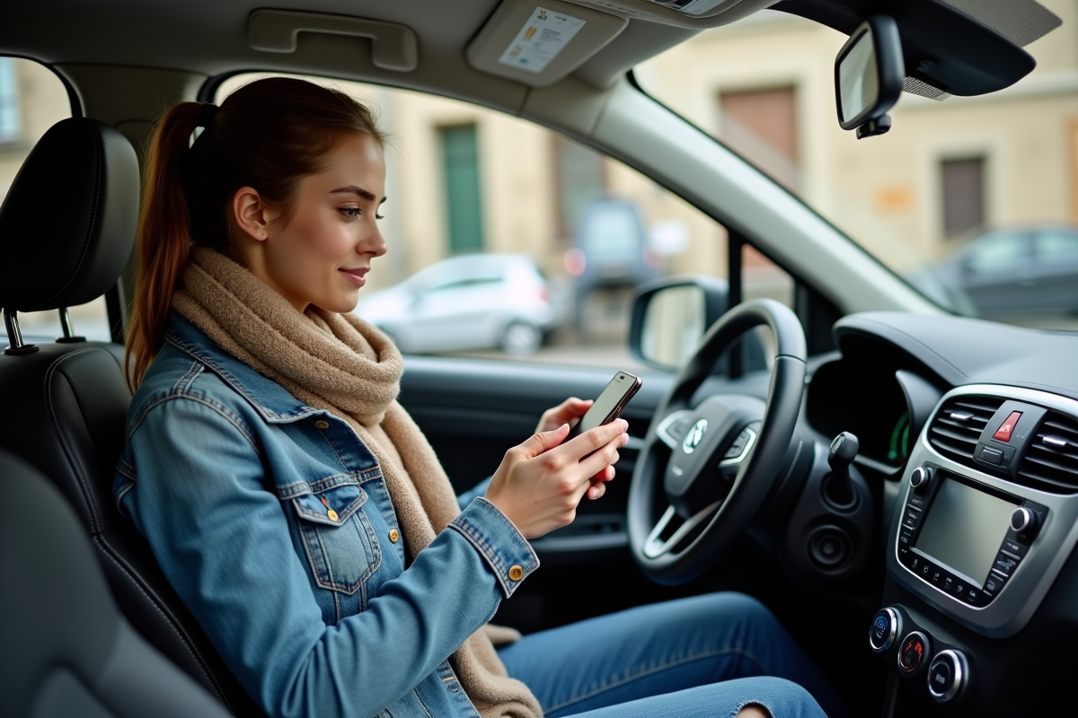 Jeune femme dans sa voiture vérifiant un calculateur d'assurance