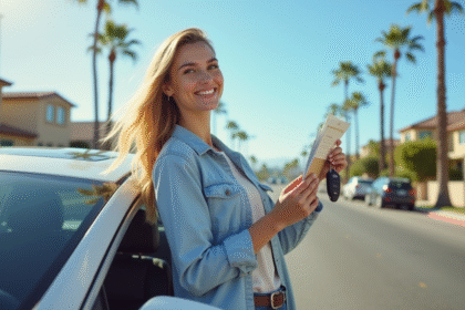 Jeune femme souriante avec voiture en Californie