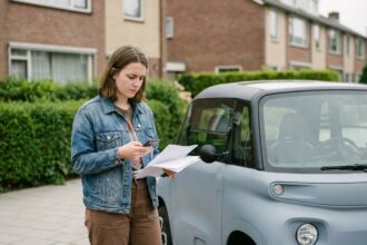 Jeune femme avec microcar électrique en rue résidentielle